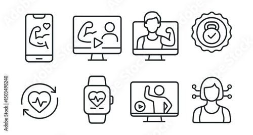 Line style icons of digital fitness tools: workout app, online class screen, virtual trainer, fitness subscription badge, health sync symbol, wearable data, video workout icon, AI fitness coach.