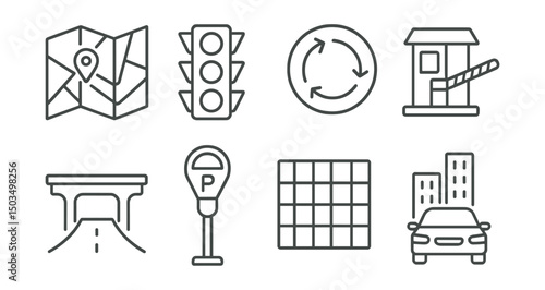 Line style icons of urban travel: city map, traffic lights, roundabout sign, toll booth icon, overpass, parking meter, urban grid icon, car in cityscape.