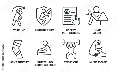 Line style icons of injury prevention: warm-up icon, correct form badge, safety instructions, injury alert, joint support, stretching before workout, technique icon, muscle care.