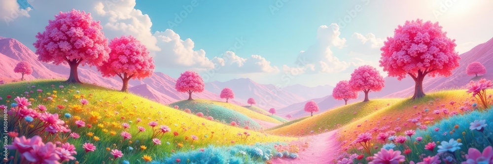 Fototapeta premium Whimsical landscape of colorful candy hills and gumdrop trees , jellybean, vibrant, sprinkles
