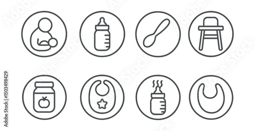 Line style icons of baby feeding in circles: breastfeeding icon, formula bottle, baby spoon, feeding chair, puree jar, bib icon, warm milk bottle, burp cloth.