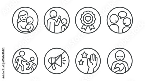 Line style icons of parenting values in circles: gentle parenting icon, positive discipline, respect badge, communication focus, independence support, no yelling symbol, encouragement icon, emotional