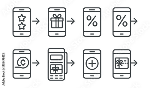 Line style icons of transactions: loyalty points transaction, reward redemption transaction, cashback transaction icon, discount voucher redemption, gift card payment transaction, promotional credit