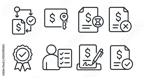 Line style icons of transactions: transaction approval workflow, transaction authorization key, approval pending icon, rejected transaction stamp, approved payment badge, reviewer checklist icon,