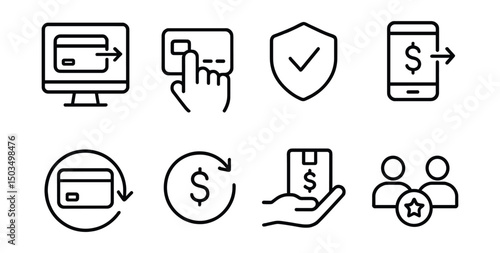 Line style icons of transactions: express checkout transaction, one-click purchase transaction, secure checkout badge, instant refund transaction, 24-hour payment settlement, payment on delivery,