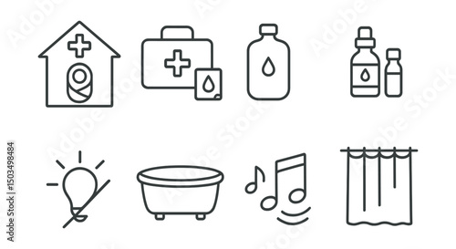 Line style icons of childbirth: birthing center icon, home birth kit, hot water bottle, essential oils, dimmed light icon, birthing tub, soft music symbol, privacy curtain.