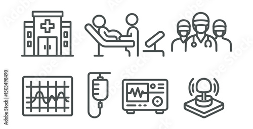 Line style icons of childbirth: hospital entrance, delivery room, birthing bed, medical staff team, labor contractions chart, IV drip, fetal monitor, emergency button.