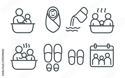 Line style icons of bath and family: parent with child in bath, baby towel icon, gentle water pour, family time steam, calm bonding symbol, multigenerational soak, family slippers, group calendar.