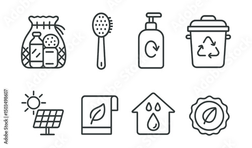 Line style icons of eco bath practices: zero waste bath kit, bamboo brush, refill bottle, compost bin, solar panel icon, eco towel icon, rainwater use icon, green leaf badge.