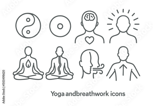 Line style icons of yoga and breathwork: balance symbol, centered dot, body-mind connection, awareness field, internal peace icon, yoga energy flow, breathing channel icon, open chest symbol.