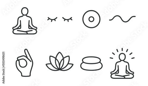 Line style icons of meditation and mindfulness: seated meditation pose, closed eyes icon, focus dot, calm breath wave, hand mudra, lotus symbol, cushion seat, peaceful aura.