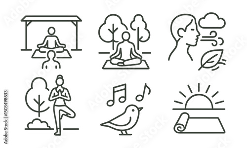 Line style icons of yoga and breathwork: outdoor yoga session, yoga in park, breath under sky, fresh air flow icon, nature pose, bird sound symbol, cloud and breath icon, sunrise mat.