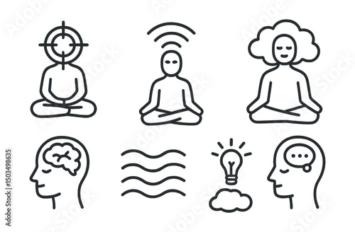 Line style icons of meditation and mindfulness: focused awareness practice, expanded field icon, soft focus symbol, inner world icon, sensory detail wave, mental clarity light, silence cloud, mind