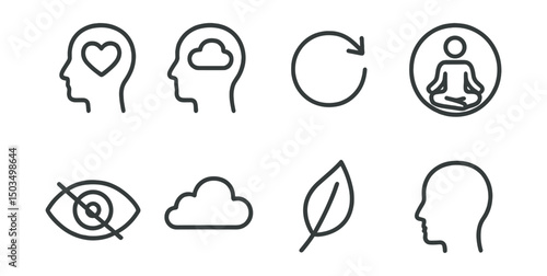 Line style icons of meditation and mindfulness: emotion awareness, thought cloud, gentle redirect arrow, observer mode icon, non-judgment eye, passing cloud symbol, detachment leaf, still mind icon.