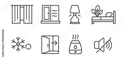 Line style icons of healthy sleep: blackout curtains, bedroom ventilation, soft room light, indoor plant near bed, cool temperature icon, window open symbol, humidifier icon, noise canceling symbol.