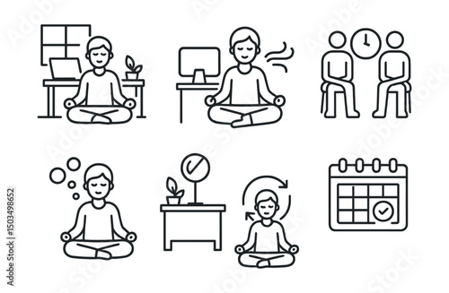 Line style icons of meditation and mindfulness: workplace mindfulness, desk meditation, short breath break, meeting pause icon, stress bubble release, quiet zone at work, productivity reset, clarity