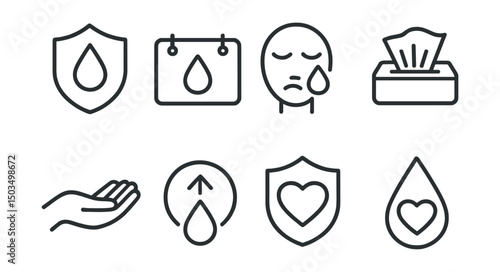 Line style icons of emotional recovery: tears and safety symbol, safe cry zone, emotional release icon, soft tissue icon, open hand icon, “allow feeling” symbol, vulnerability shield, tear with heart
