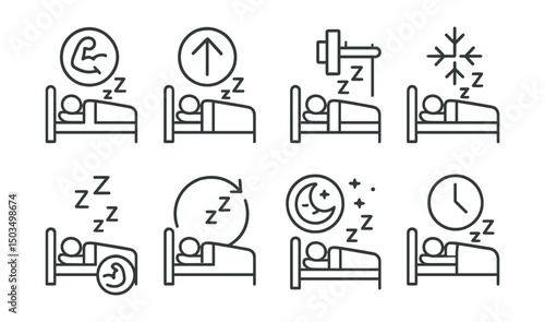 Line style icons of healthy sleep: athlete recovery sleep, performance boost icon, sleep before training, growth hormone icon, deep recovery icon, sleep and strength link, early bedtime athlete, post