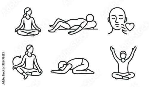 Line style icons of emotional recovery: gentle yoga icon, restorative pose, supported knees, bolstered back icon, breath and emotion combo, subtle movement icon, physical softness, openness pose.