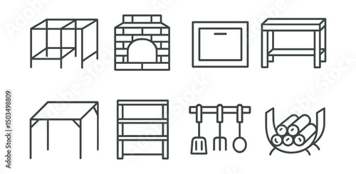 Line style icons of garden structures: outdoor kitchen frame, brick grill base, storage drawer icon, prep table, roof cover frame, garden bar shelf, utensil rack, firewood holder.