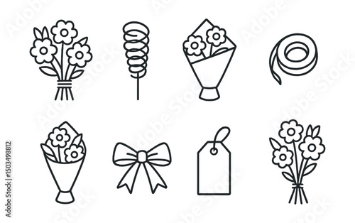 Line style icons of floristry: bouquet arrangement, spiral stem tie, flower bunch wrap, floral tape, paper cone holder, tied ribbon bow, bouquet tag, hand-tied bouquet.