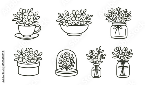 Line style icons of mini floral arrangements: round tea cup with flowers, low ceramic bowl with blooms, glass jar with tied ribbon, small tin bucket with daisies, round hat box bouquet, compact