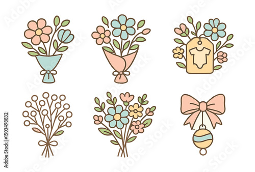 Line style icons of floristry: baby shower flowers, soft pastel palette, blue or pink bouquet, baby tag icon, gender reveal florals, baby’s breath bunch, joyful color mix, ribbon with rattle.