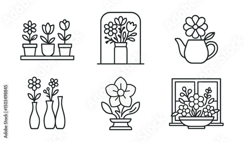 Line style icons of floral decor for interior: shelf flowers in pots, entryway bouquet, soft bloom in teapot, windowsill flowers, trio of small vases, floral sculpture shape, vase with ribbon,