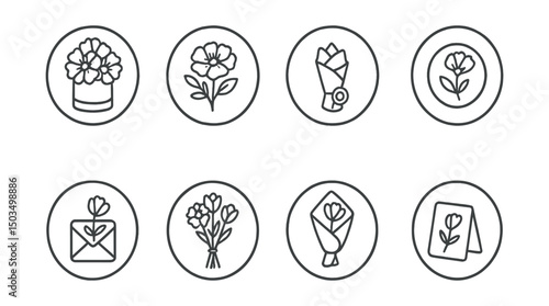 Line style icons of mini and mono bouquets: bloom in cylinder box, round container mono bouquet, mini bouquet with wax seal, floral stamp icon, message and single flower, paper pouch bouquet, kraft