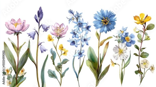 Wallpaper Mural Watercolor Meadow Wildflower Bloom with Delicate Petals on White. Torontodigital.ca