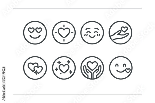 Line style icons of emotions and moods: love face icon, heart eyes badge, blushing cheeks ring, affectionate hand, connection spark icon, romantic glow, care symbol, love in moment ring. Circular