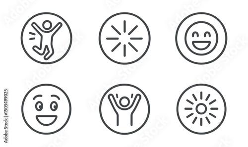 Line style icons of emotions and moods: excitement icon, jumping motion ring, spark burst badge, eager smile icon, thrill wave symbol, hands raised in joy, anticipation moment, hype energy circle.