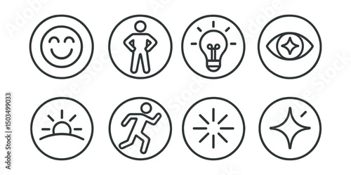 Line style icons of emotions and moods: energized face icon, alert posture badge, bright idea bubble, spark in eye ring, rise and shine symbol, active body icon, vibrant zone, motivation spark.
