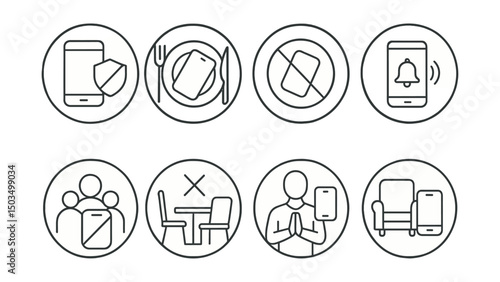 Line style icons of digital minimalism: digital boundaries icon, phone away at dinner, no phone in bed ring, screen cut-off time, tech curfew symbol, family tech limit badge, space without devices,