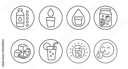 Line style icons of food and drinks: hydration tracker icon, glass refill reminder, drink water drop, flavored water mix, infused fruit jar, ice cube and lemon icon, cool drink badge, sip and smile