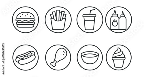 Line style icons of food and drinks: burger with lettuce, fries in paper cup, soda with straw, ketchup and mustard icon, hot dog with topping, fried chicken piece, dipping sauce bowl, milkshake swirl