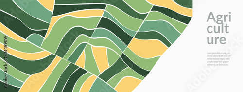 Abstract vector design featuring rice field, wheat, tea crop across rural landscape. Eco-friendly, minimal textures and patterns highlight nature and agriculture. Banner, cover, environmental template