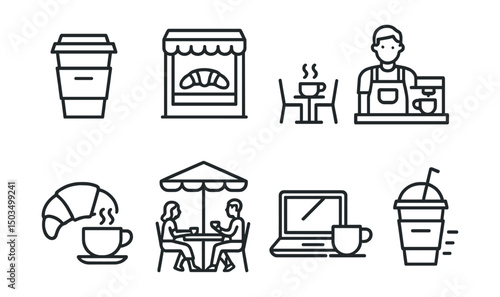 Line style icons of urban life: coffee cup to go, bakery window icon, small café table, barista at counter, croissant with coffee symbol, friends at outdoor café, laptop and cappuccino, morning rush