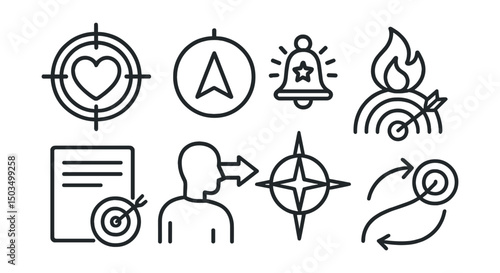 Line style icons of motivation and inspiration: passion compass icon, true north symbol, calling bell badge, fire and purpose icon, aligned mission page, personal direction line, soul compass, flow