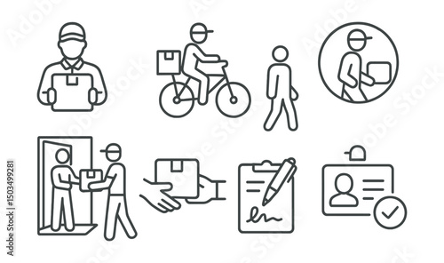 Line style icons of logistics and delivery: courier with package, bicycle delivery icon, walking courier badge, scooter courier symbol, courier on doorstep, package handoff icon, delivery signature,