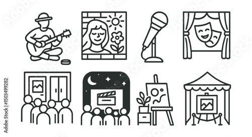 Line style icons of urban life: busker with guitar, art mural wall, poetry slam mic, street theater symbol, gallery opening crowd, night cinema queue, creative space corner, pop-up art show.