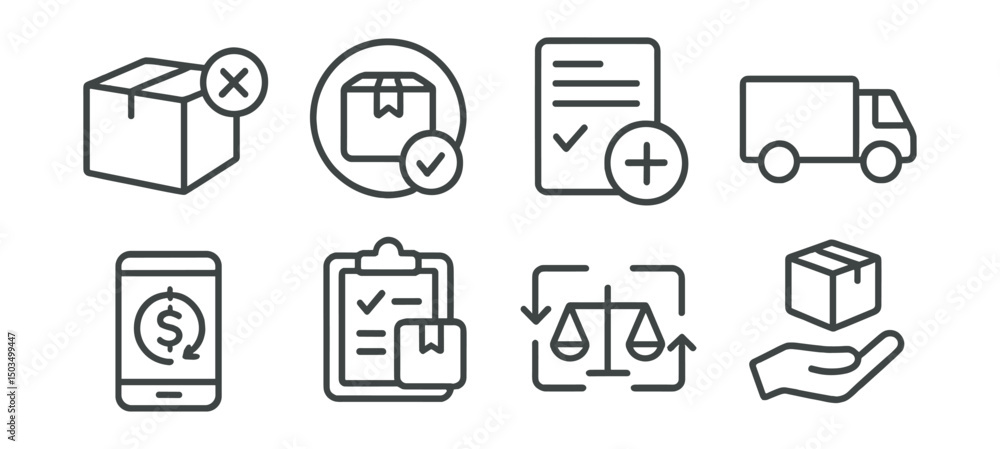 Line style icons of delivery support: lost package icon, item not received badge, file claim form, delivery issue alert, refund request screen, missing item report, open dispute icon, compensation Line style icons of delivery support: lost package icon, item not received badge, file claim form, delivery issue alert, refund request screen, missing item report, open dispute icon, compensation