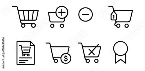 Line style icons of online marketplace: shopping cart icon, add to cart button, remove item icon, cart with quantity tag, checkout summary icon, cart total amount, empty cart symbol, save for later