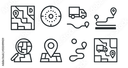 Line style icons of logistics app UI: delivery map with route, real-time tracking dot, vehicle position on path, route with ETA bar, zoom-in map view, live location marker, dynamic path line,