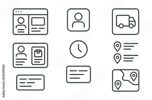Line style icons of logistics app UI: user dashboard layout, account panel icon, delivery tab button, profile with orders, history access tab, saved addresses list, order filters panel, user flow map
