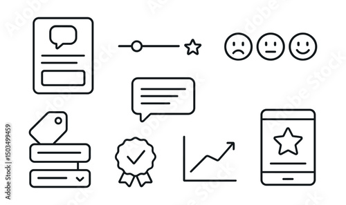 Line style icons of logistics app UI: feedback prompt screen, rating slider icon, review comment box, smiley scale for service, issue tag dropdown, feedback confirmation badge, satisfaction graph,
