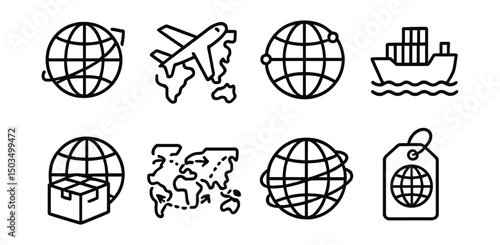 Line style icons of international logistics: globe with arrow icon, cargo plane flying over map, global route lines, container ship with wave, international delivery icon, freight flow map, shipping
