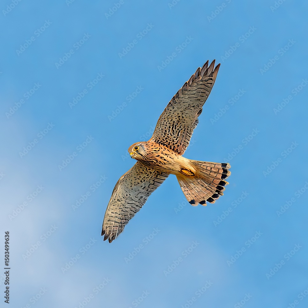 Fototapeta premium beautiful kestrel in flight on wings and tail clear sky background