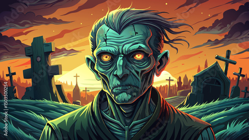 Spooky graveyard with zombie at dusk with mist and old cross vector landscape