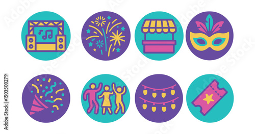 Two-Color vector icons of festival celebration in circular design: music stage, fireworks, food stall, parade mask, confetti, dancing group, light garland, entry ticket.